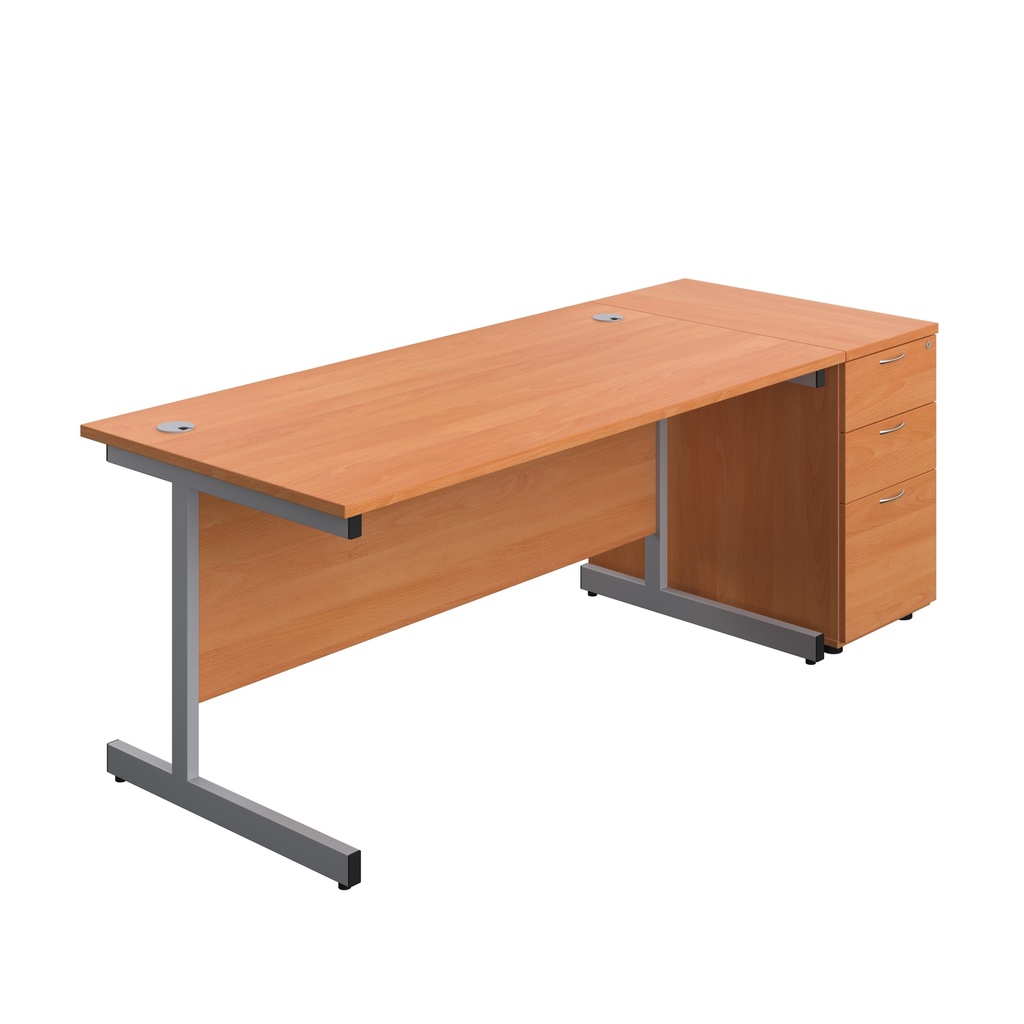 Single Upright Rectangular Desk + Desk High 3 Drawer Pedestal (FSC) | 1600 X 800 | Beech/Silver | 