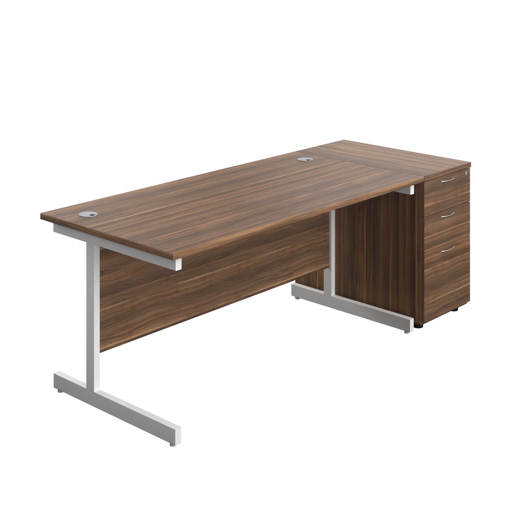 Single Upright Rectangular Desk + Desk High 3 Drawer Pedestal (FSC) | 1600 X 800 | Dark Walnut/White | 