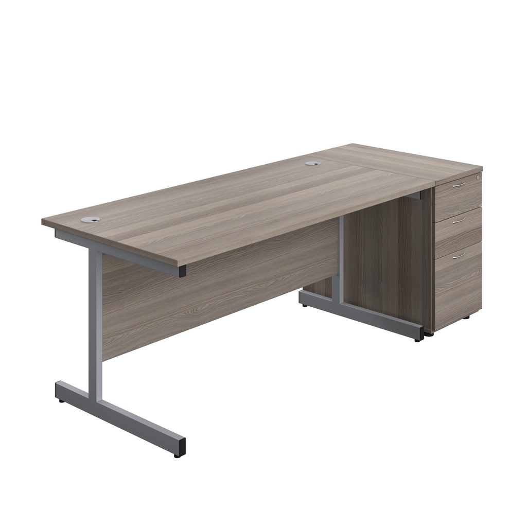 Single Upright Rectangular Desk + Desk High 3 Drawer Pedestal (FSC) | 1600 X 800 | Grey Oak/Silver | 