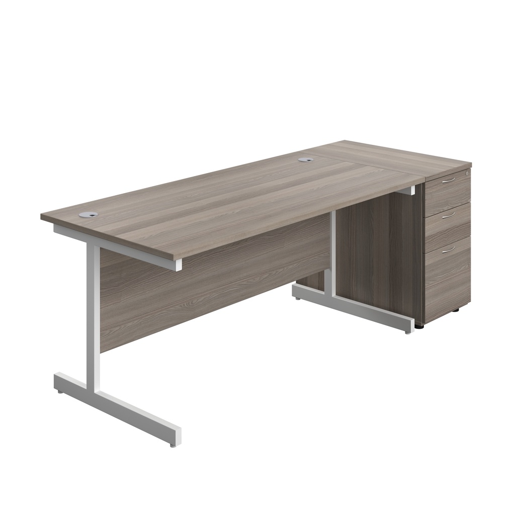 Single Upright Rectangular Desk + Desk High 3 Drawer Pedestal (FSC) | 1600 X 800 | Grey Oak/White | 