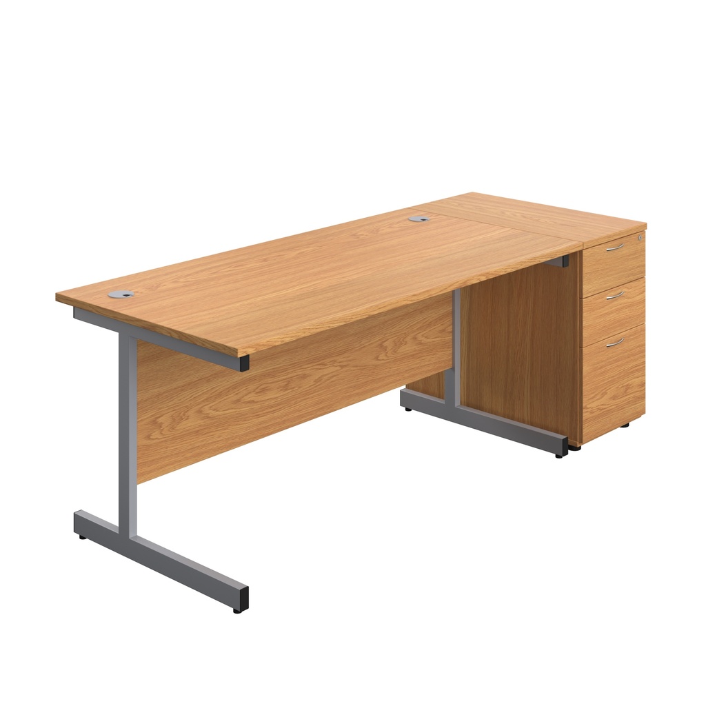 Single Upright Rectangular Desk + Desk High 3 Drawer Pedestal (FSC) | 1600 X 800 | Nova Oak/Silver | 