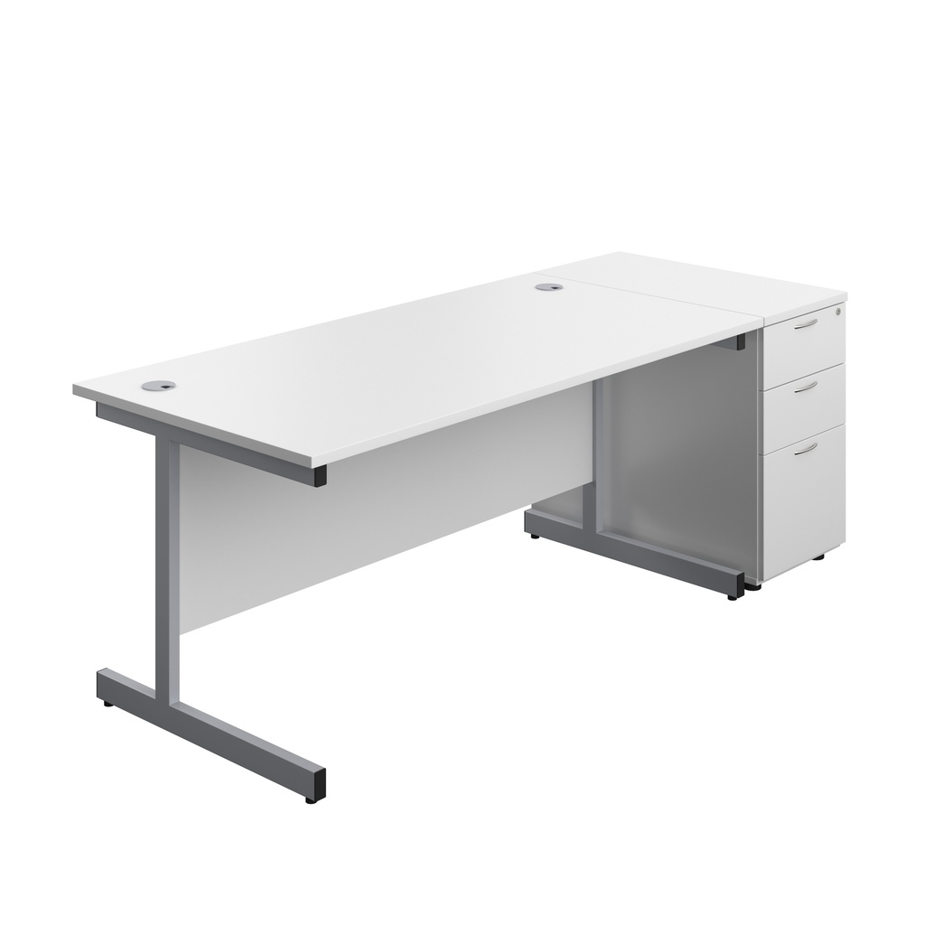 Single Upright Rectangular Desk + Desk High 3 Drawer Pedestal (FSC) | 1600 X 800 | White/Silver | 