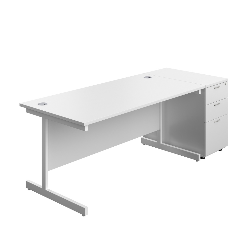 Single Upright Rectangular Desk + Desk High 3 Drawer Pedestal (FSC) | 1600 X 800 | White/White | 