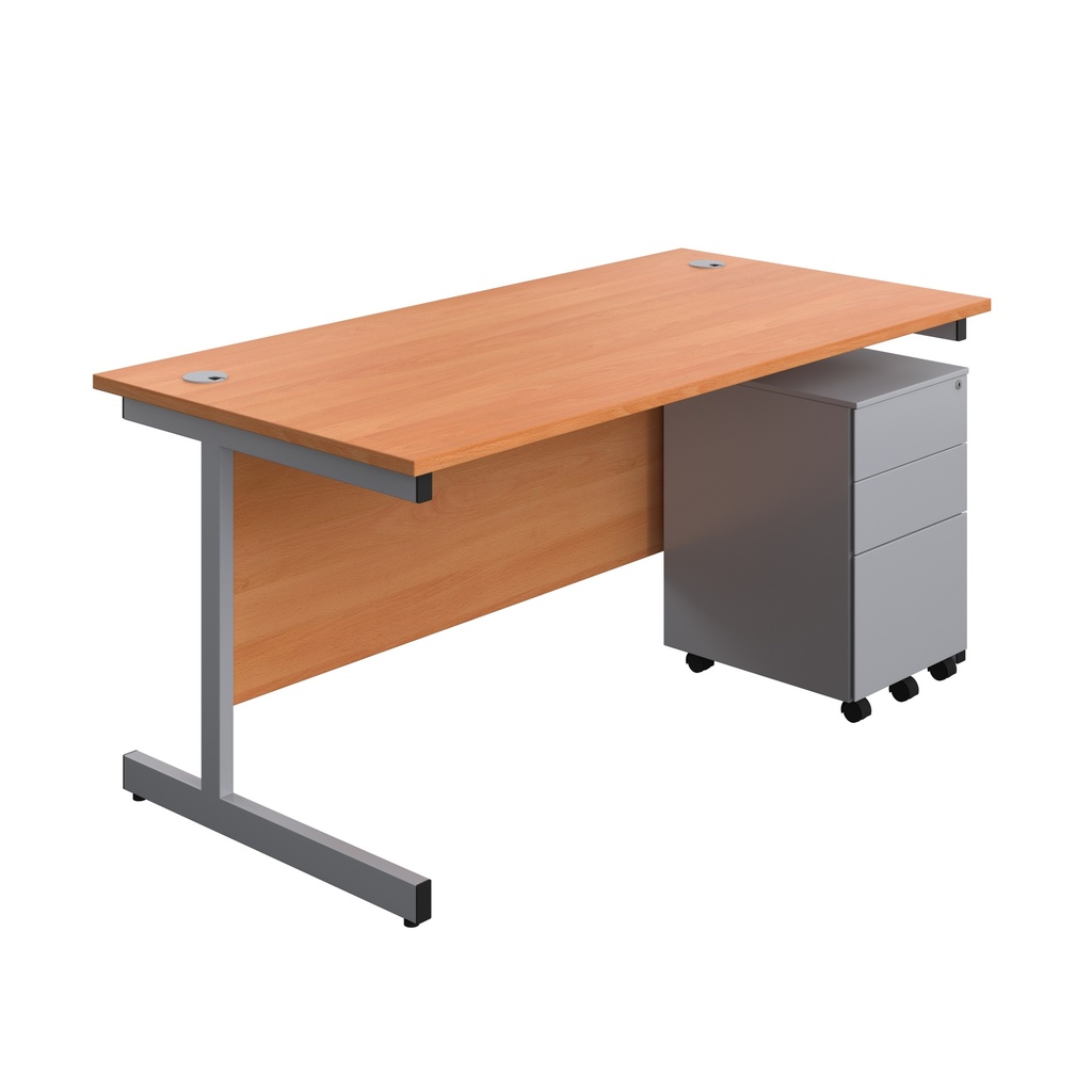 Single Upright Rectangular Desk + Under Desk Steel Pedestal 3 Drawers (FSC) | 1600 X 800 | Beech/Silver | 