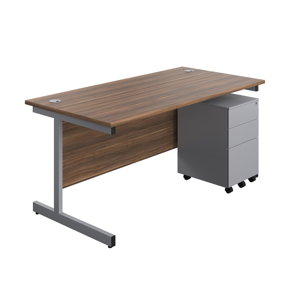 Single Upright Rectangular Desk + Under Desk Steel Pedestal 3 Drawers (FSC) | 1600 X 800 | Dark Walnut/Silver | 