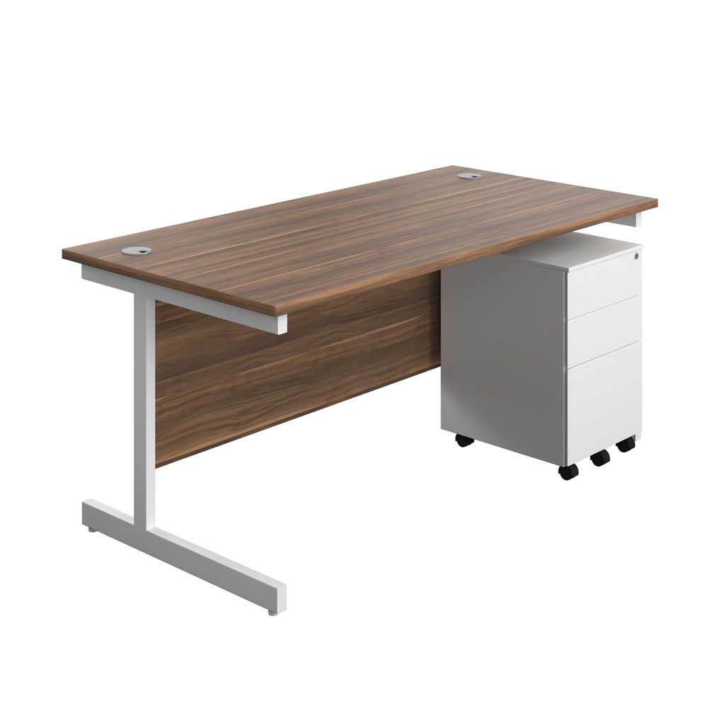 Single Upright Rectangular Desk + Under Desk Steel Pedestal 3 Drawers (FSC) | 1600 X 800 | Dark Walnut/White | 