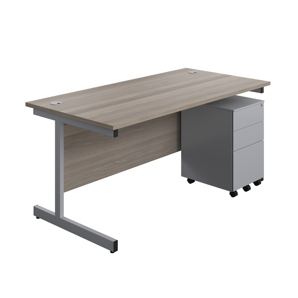 Single Upright Rectangular Desk + Under Desk Steel Pedestal 3 Drawers (FSC) | 1600 X 800 | Grey Oak/Silver | 