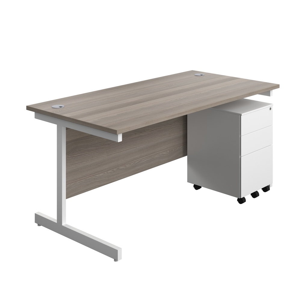 Single Upright Rectangular Desk + Under Desk Steel Pedestal 3 Drawers (FSC) | 1600 X 800 | Grey Oak/White | 