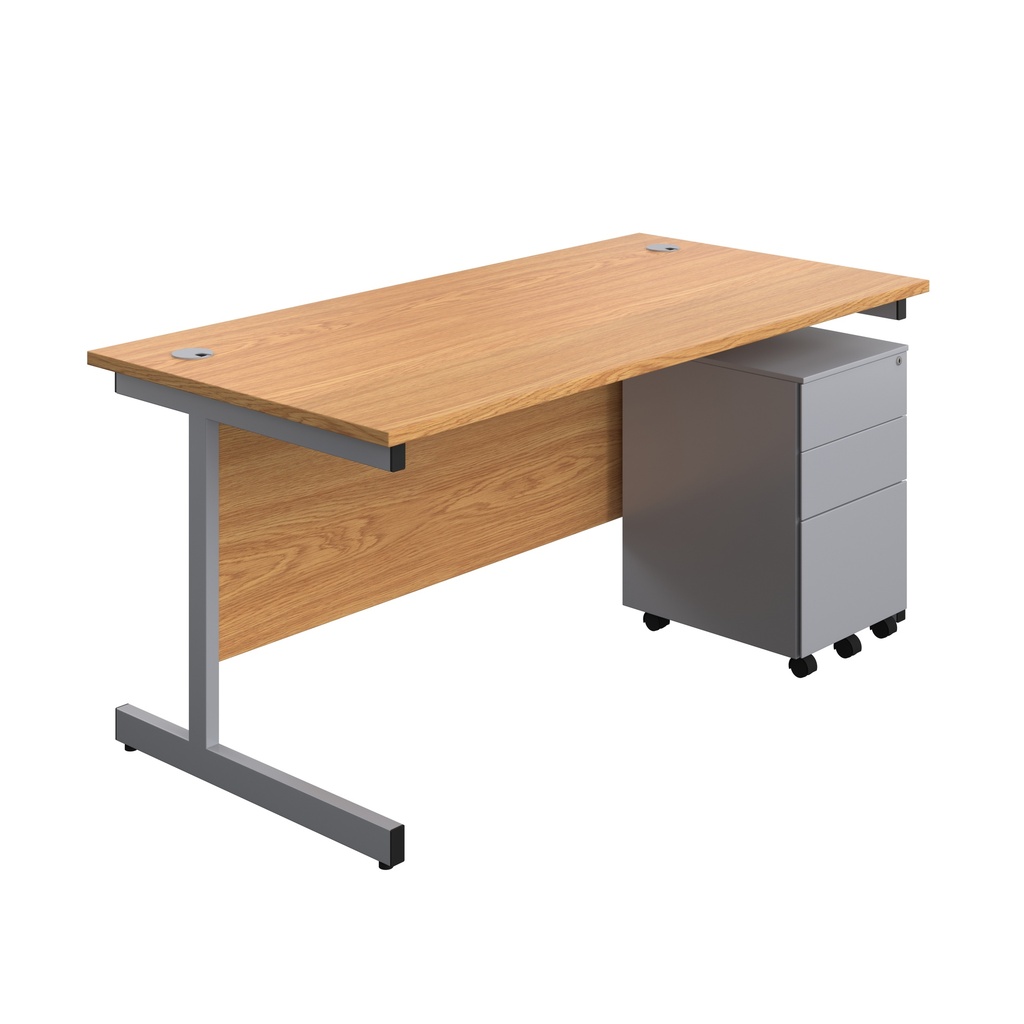 Single Upright Rectangular Desk + Under Desk Steel Pedestal 3 Drawers (FSC) | 1600 X 800 | Nova Oak/Silver | 