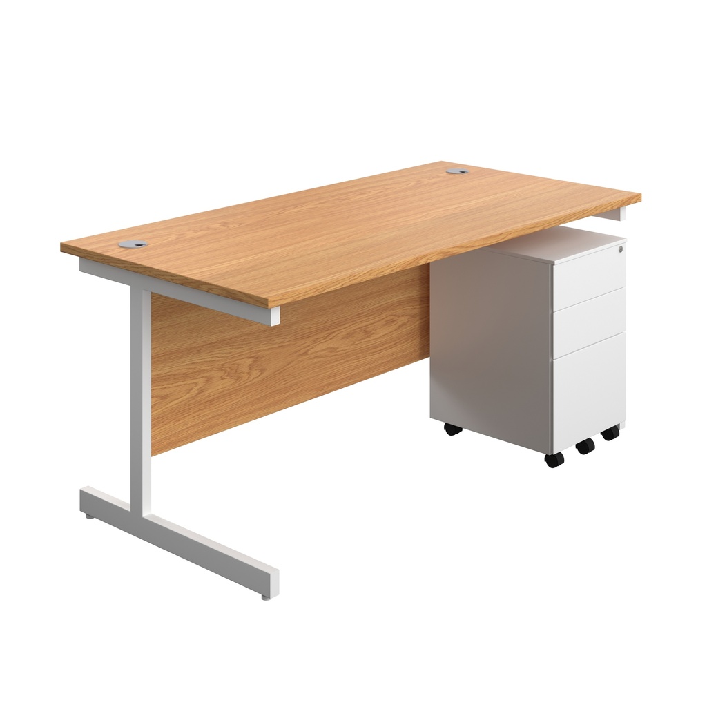 Single Upright Rectangular Desk + Under Desk Steel Pedestal 3 Drawers (FSC) | 1600 X 800 | Nova Oak/White | 
