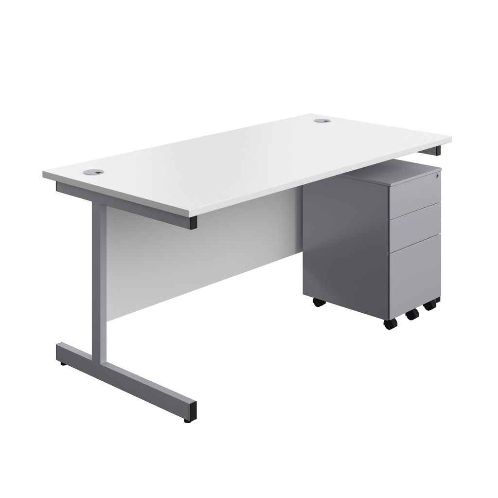 Single Upright Rectangular Desk + Under Desk Steel Pedestal 3 Drawers (FSC) | 1600 X 800 | White/Silver | 