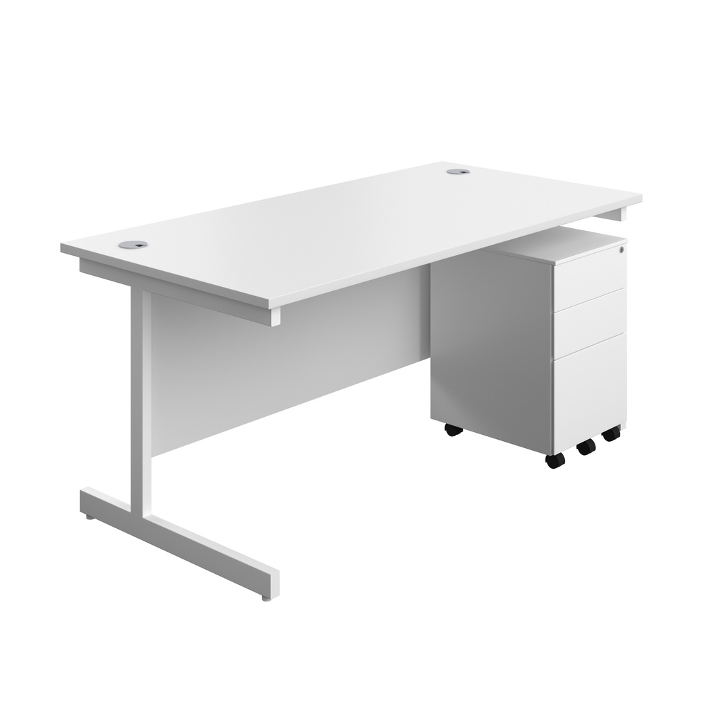 Single Upright Rectangular Desk + Under Desk Steel Pedestal 3 Drawers (FSC) | 1600 X 800 | White/White | 