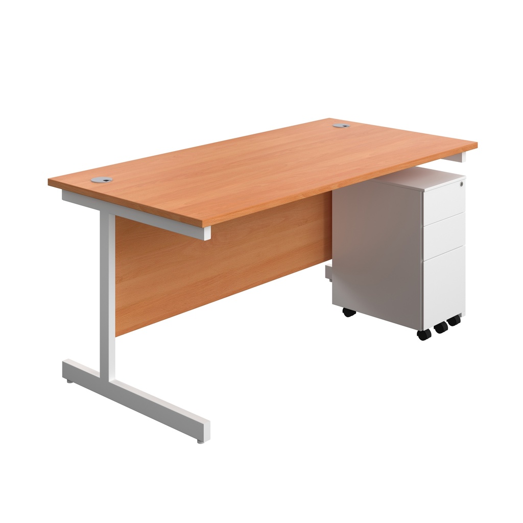 Single Upright Rectangular Desk + Slimline Steel Pedestal 3 Drawers (FSC) | 1600 X 800 | Beech/White | 