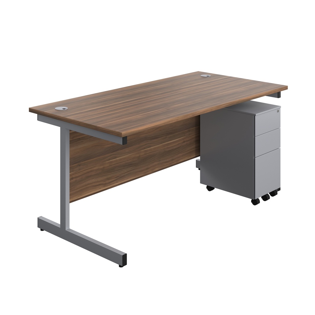 Single Upright Rectangular Desk + Slimline Steel Pedestal 3 Drawers (FSC) | 1600 X 800 | Dark Walnut/Silver | 