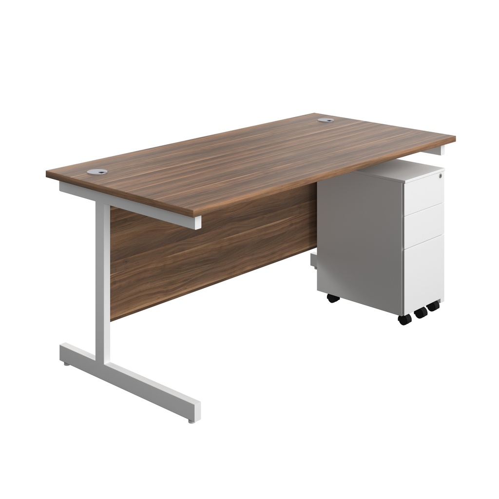 Single Upright Rectangular Desk + Slimline Steel Pedestal 3 Drawers (FSC) | 1600 X 800 | Dark Walnut/White | 