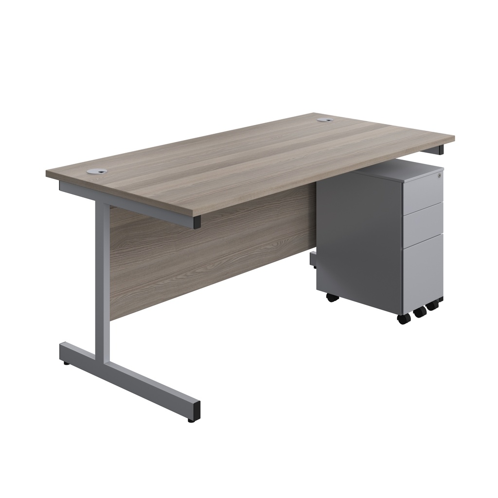 Single Upright Rectangular Desk + Slimline Steel Pedestal 3 Drawers (FSC) | 1600 X 800 | Grey Oak/Silver | 