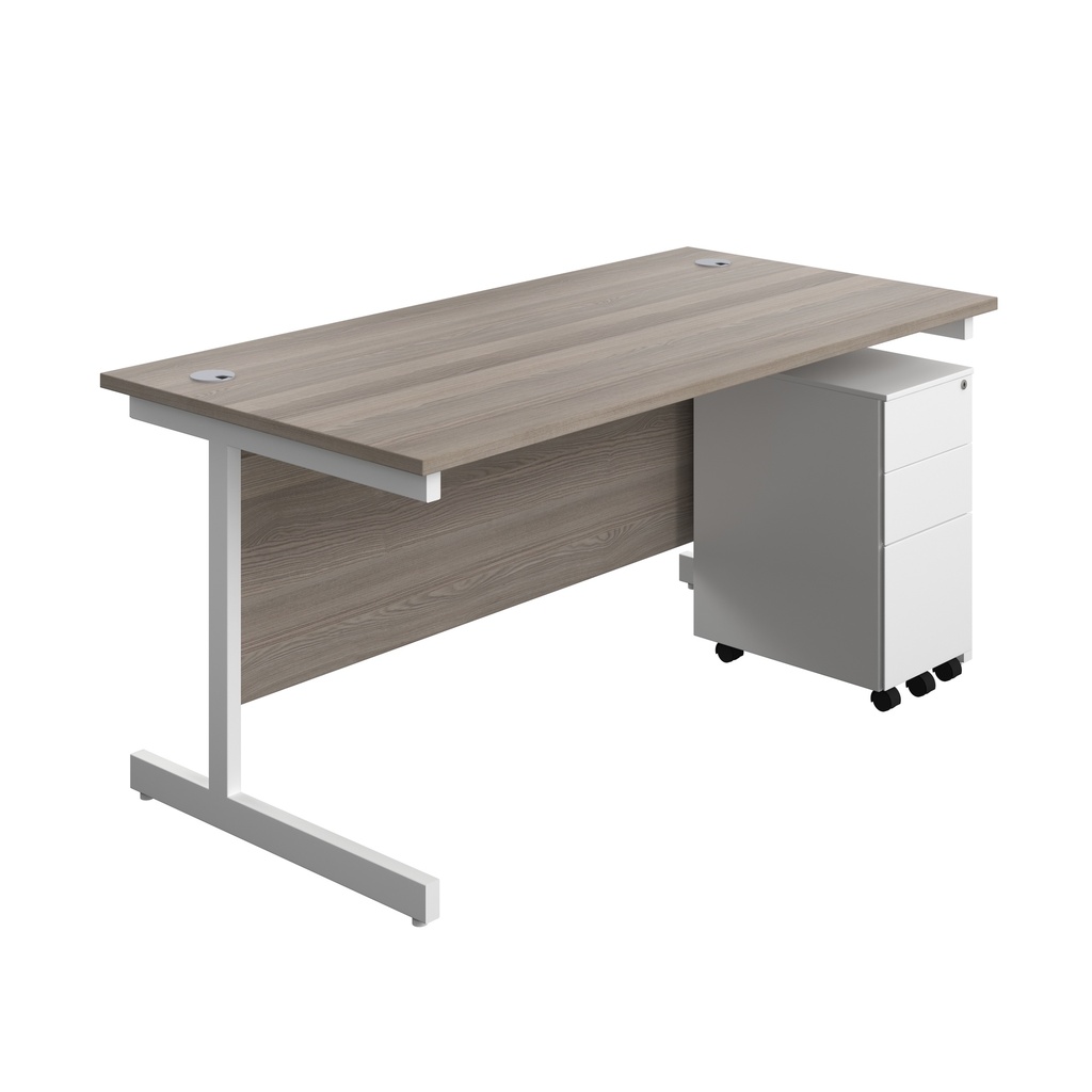 Single Upright Rectangular Desk + Slimline Steel Pedestal 3 Drawers (FSC) | 1600 X 800 | Grey Oak/White | 