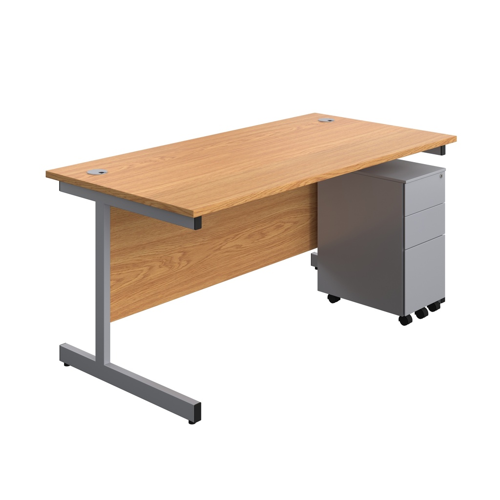 Single Upright Rectangular Desk + Slimline Steel Pedestal 3 Drawers (FSC) | 1600 X 800 | Nova Oak/Silver | 