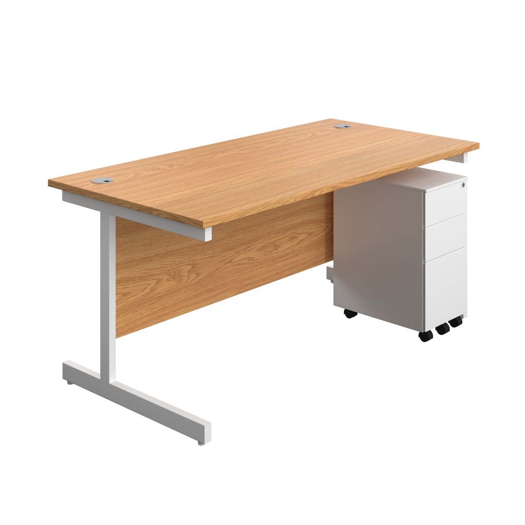 Single Upright Rectangular Desk + Slimline Steel Pedestal 3 Drawers (FSC) | 1600 X 800 | Nova Oak/White | 