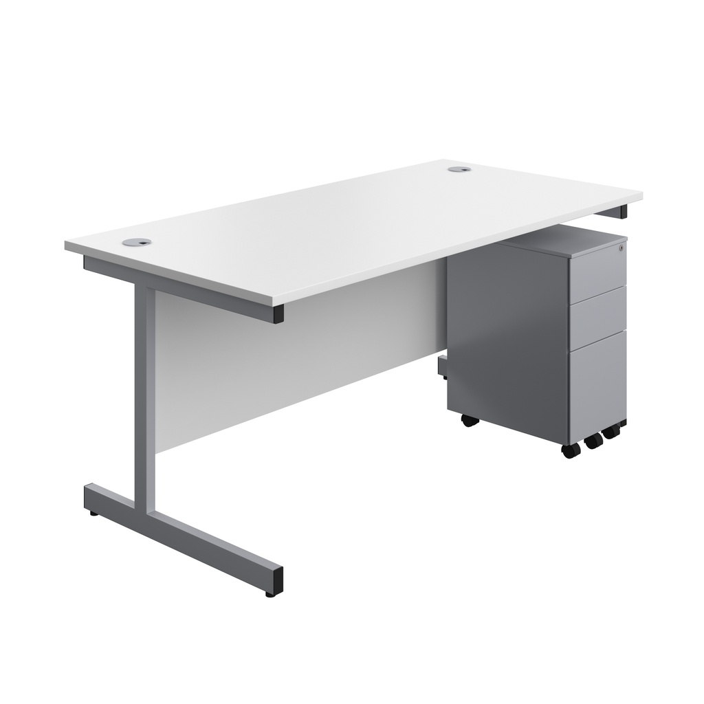 Single Upright Rectangular Desk + Slimline Steel Pedestal 3 Drawers (FSC) | 1600 X 800 | White/Silver | 