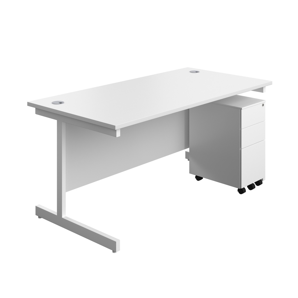 Single Upright Rectangular Desk + Slimline Steel Pedestal 3 Drawers (FSC) | 1600 X 800 | White/White | 
