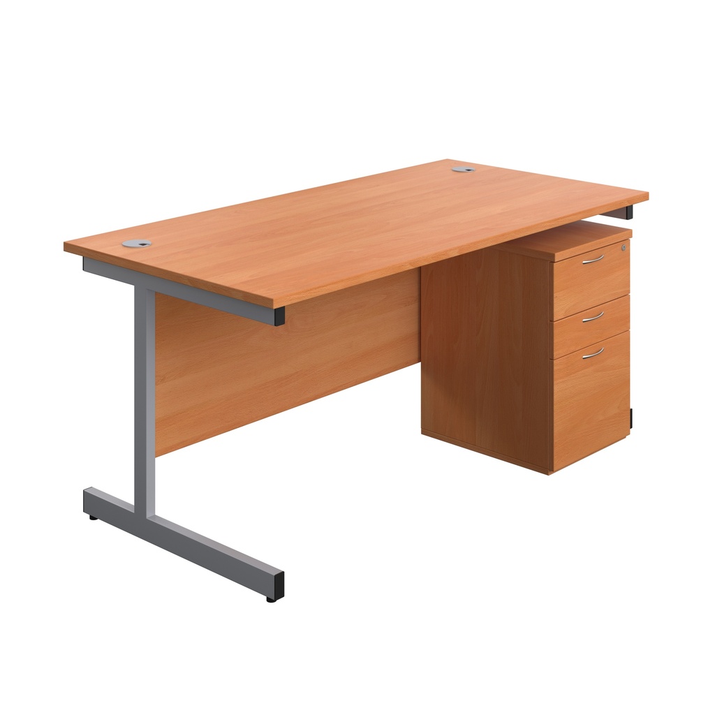 Single Upright Rectangular Desk + High Mobile Pedestal 3 Drawer (FSC) | 1600 X 800 | Beech/Silver | 