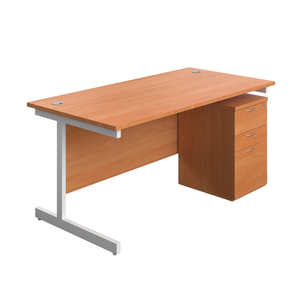 Single Upright Rectangular Desk + High Mobile Pedestal 3 Drawer (FSC) | 1600 X 800 | Beech/White | 