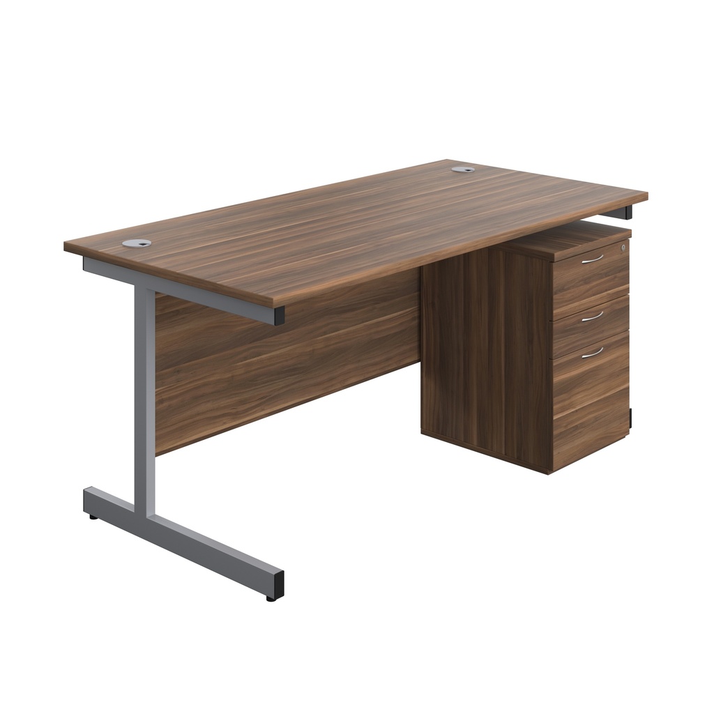 Single Upright Rectangular Desk + High Mobile Pedestal 3 Drawer (FSC) | 1600 X 800 | Dark Walnut/Silver | 