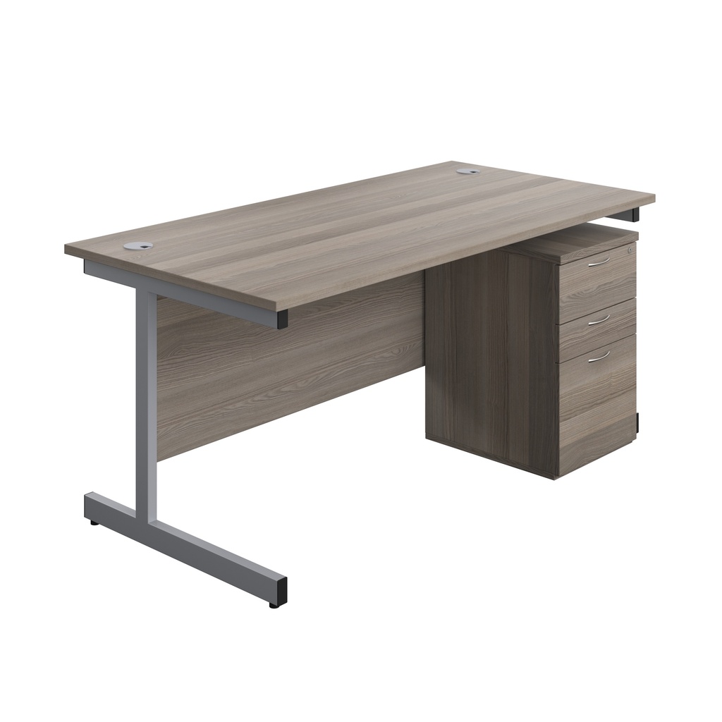 Single Upright Rectangular Desk + High Mobile Pedestal 3 Drawer (FSC) | 1600 X 800 | Grey Oak/Silver | 