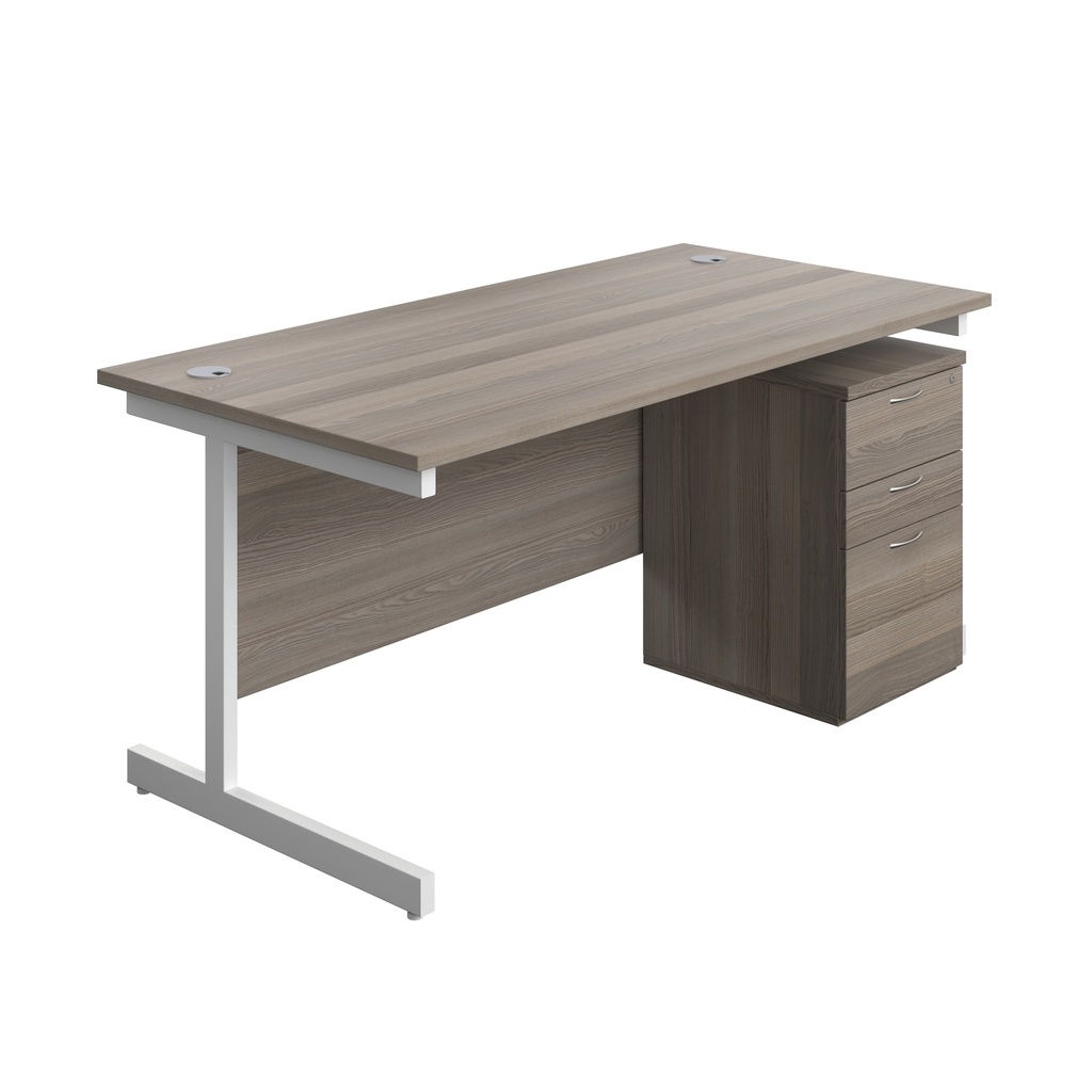 Single Upright Rectangular Desk + High Mobile Pedestal 3 Drawer (FSC) | 1600 X 800 | Grey Oak/White | 