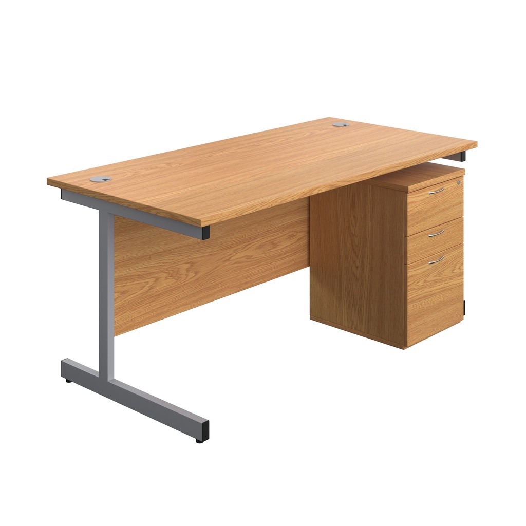 Single Upright Rectangular Desk + High Mobile Pedestal 3 Drawer (FSC) | 1600 X 800 | Nova Oak/Silver | 