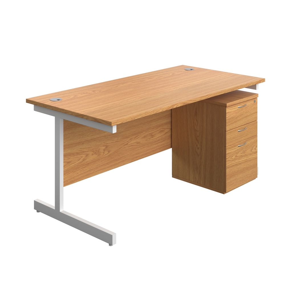 Single Upright Rectangular Desk + High Mobile Pedestal 3 Drawer (FSC) | 1600 X 800 | Nova Oak/White | 