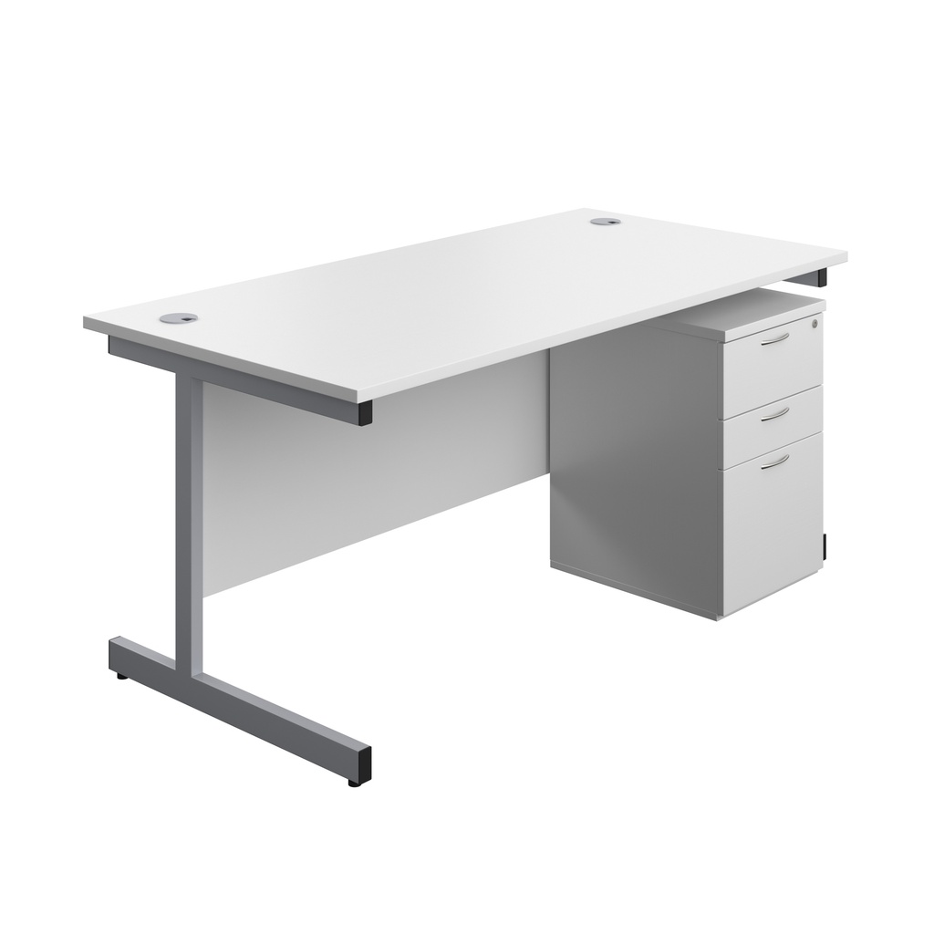 Single Upright Rectangular Desk + High Mobile Pedestal 3 Drawer (FSC) | 1600 X 800 | White/Silver | 