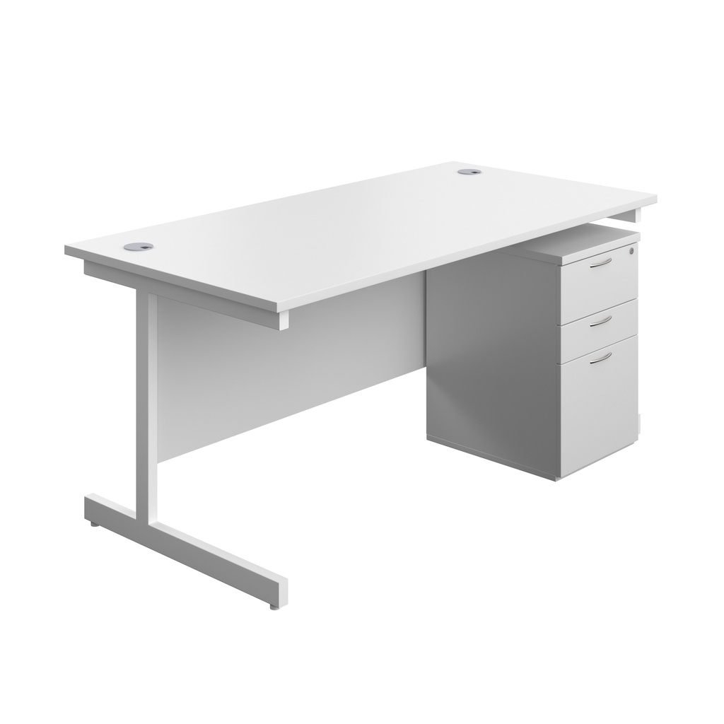 Single Upright Rectangular Desk + High Mobile Pedestal 3 Drawer (FSC) | 1600 X 800 | White/White | 
