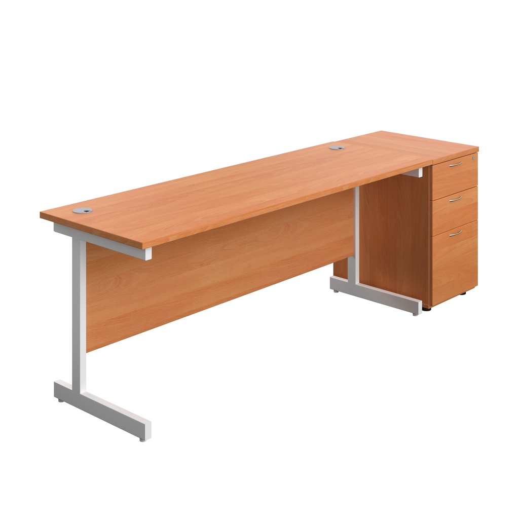 Single Upright Rectangular Desk + Desk High 3 Drawer Pedestal (FSC) | 1800 X 600 | Beech/White | 