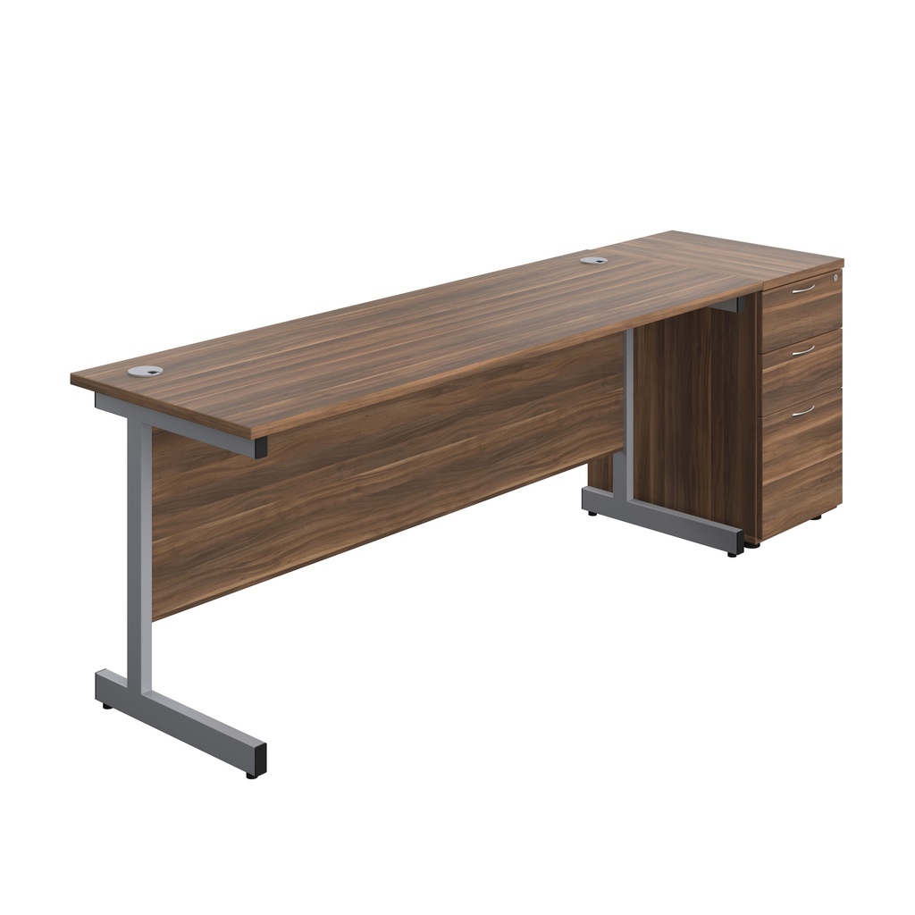 Single Upright Rectangular Desk + Desk High 3 Drawer Pedestal (FSC) | 1800 X 600 | Dark Walnut/Silver | 