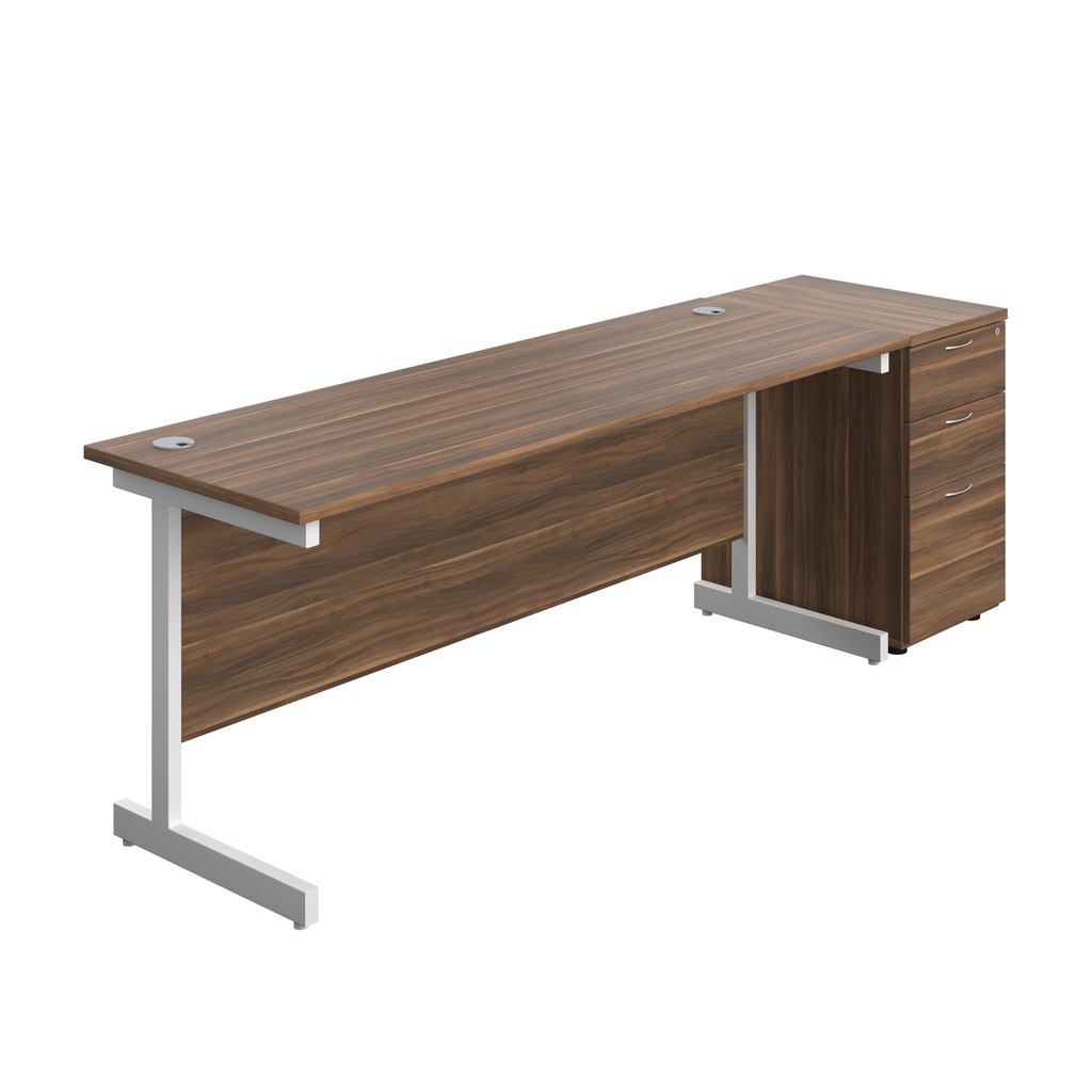 Single Upright Rectangular Desk + Desk High 3 Drawer Pedestal (FSC) | 1800 X 600 | Dark Walnut/White | 