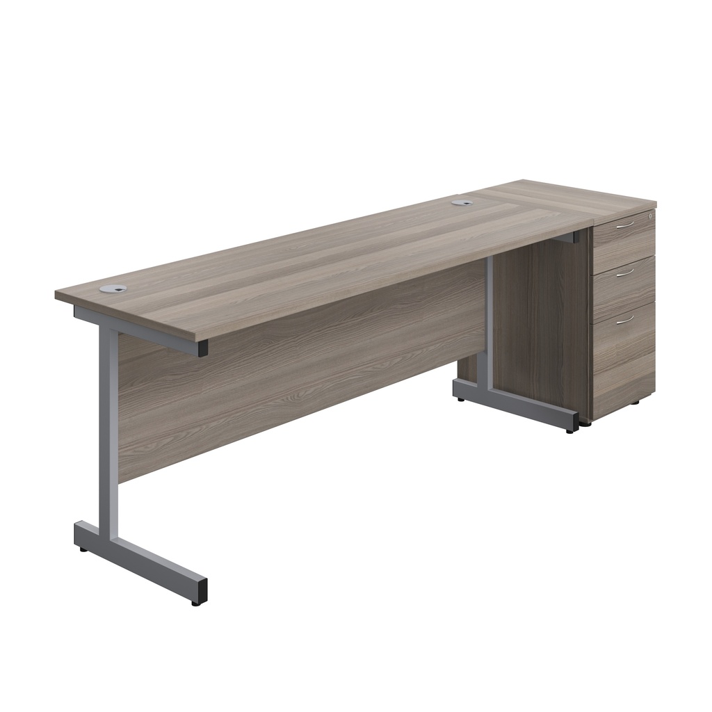 Single Upright Rectangular Desk + Desk High 3 Drawer Pedestal (FSC) | 1800 X 600 | Grey Oak/Silver | 