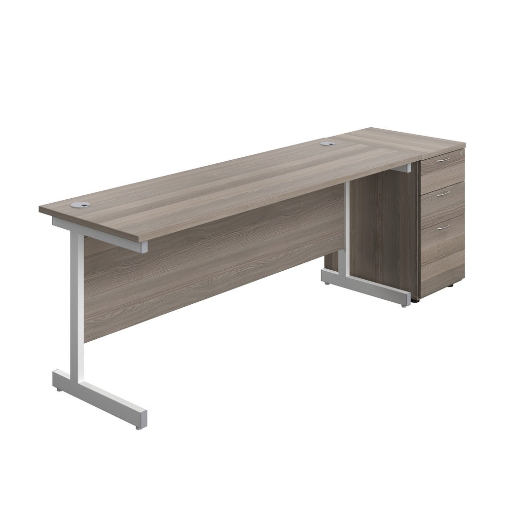 Single Upright Rectangular Desk + Desk High 3 Drawer Pedestal (FSC) | 1800 X 600 | Grey Oak/White | 