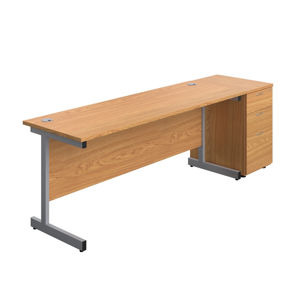 Single Upright Rectangular Desk + Desk High 3 Drawer Pedestal (FSC) | 1800 X 600 | Nova Oak/Silver | 