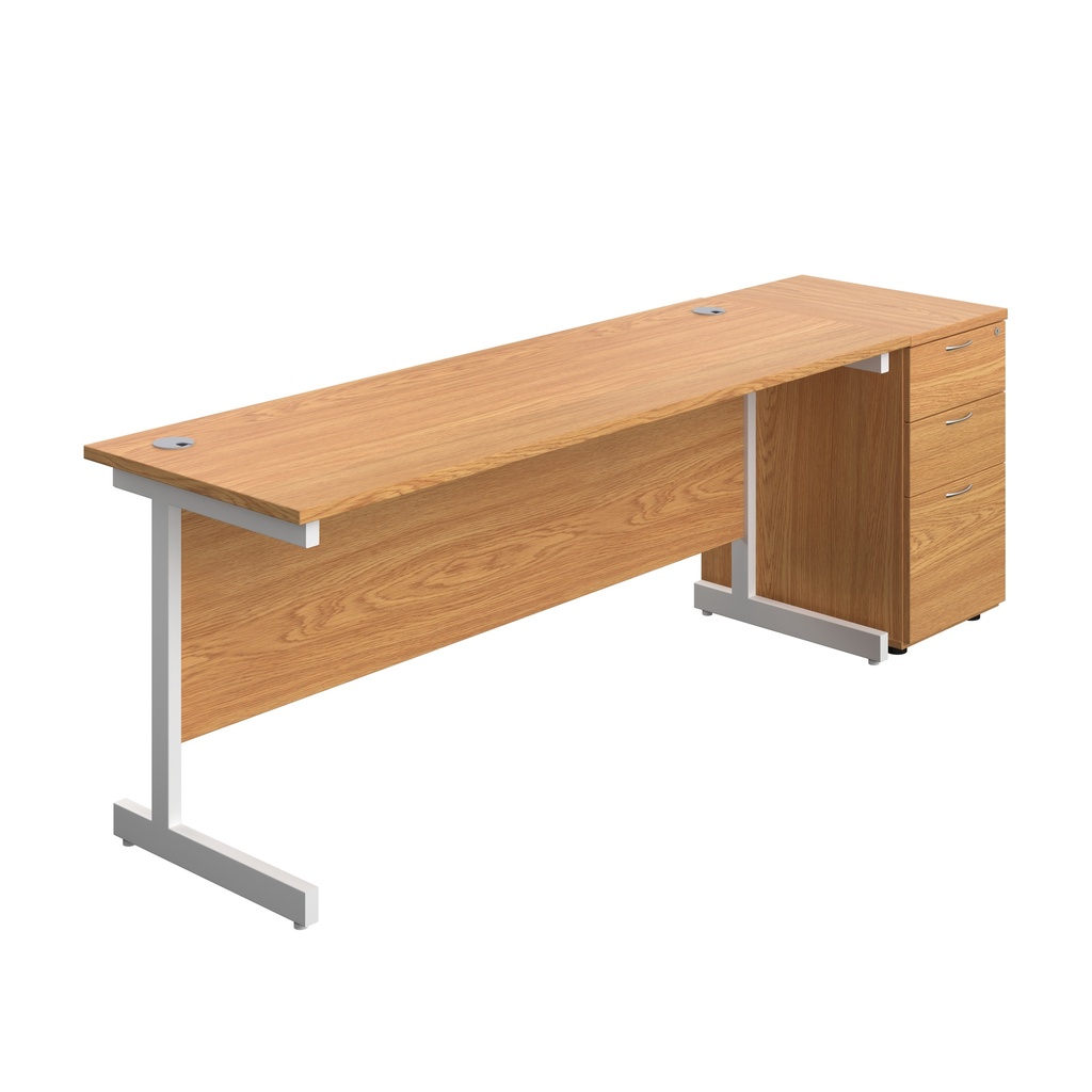 Single Upright Rectangular Desk + Desk High 3 Drawer Pedestal (FSC) | 1800 X 600 | Nova Oak/White | 