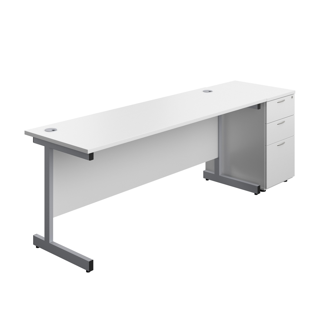 Single Upright Rectangular Desk + Desk High 3 Drawer Pedestal (FSC) | 1800 X 600 | White/Silver | 