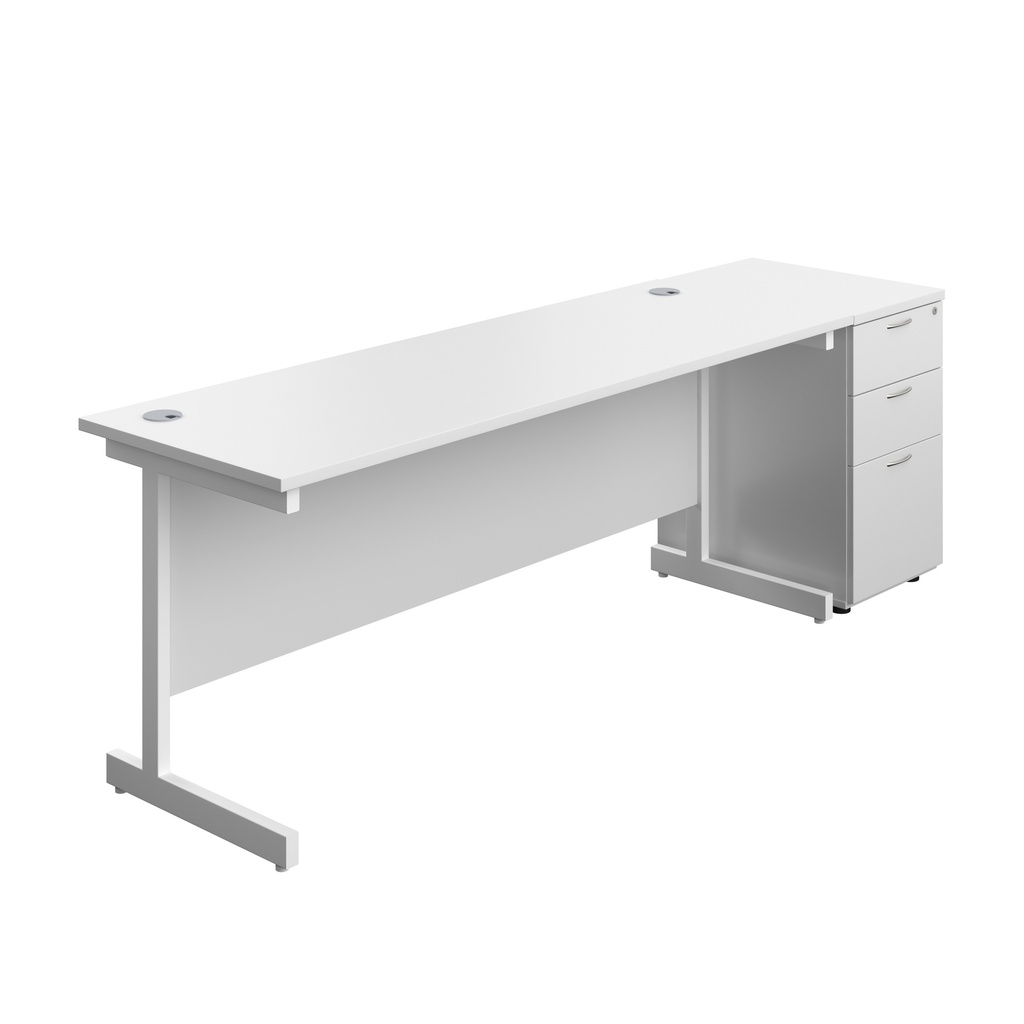 Single Upright Rectangular Desk + Desk High 3 Drawer Pedestal (FSC) | 1800 X 600 | White/White | 