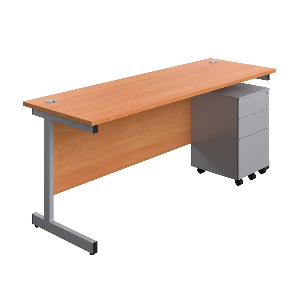 Single Upright Rectangular Desk + Under Desk Steel Pedestal 3 Drawers (FSC) | 1800 X 600 | Beech/Silver | 