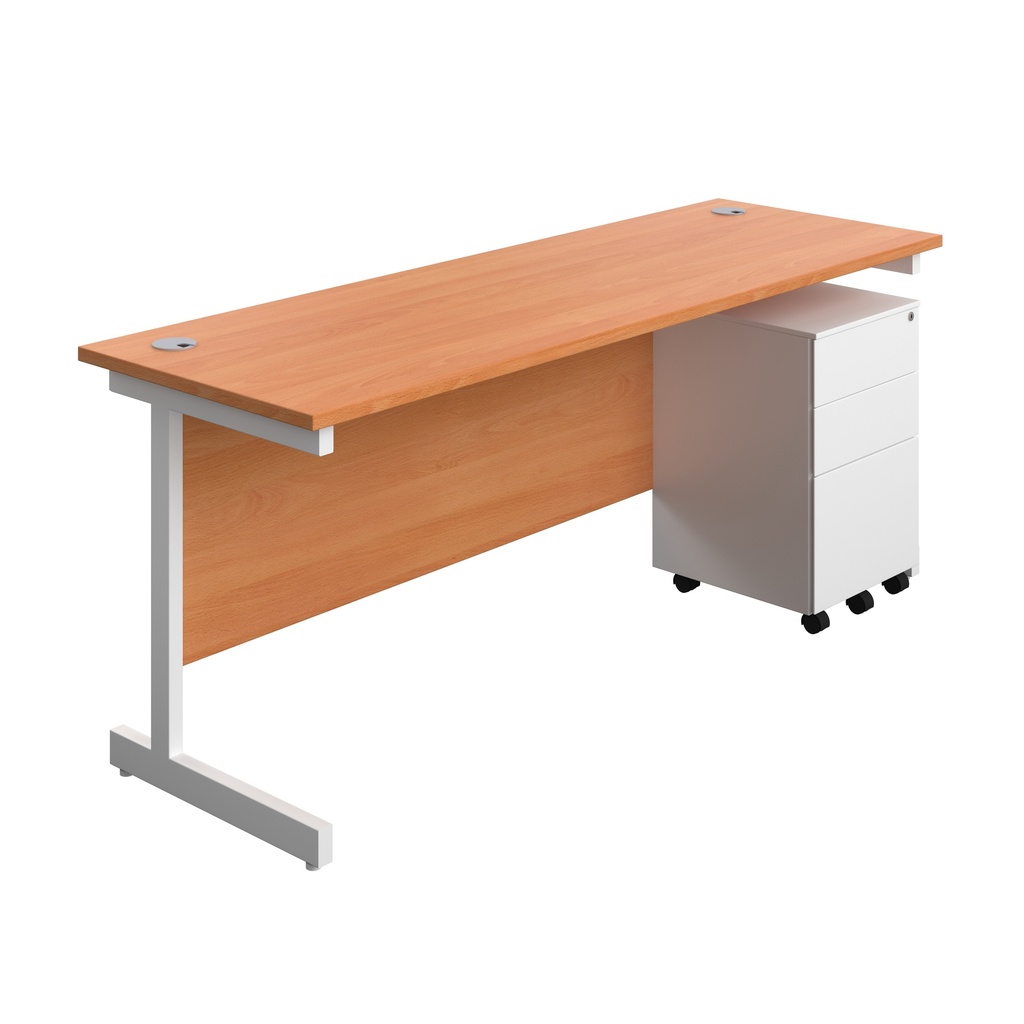 Single Upright Rectangular Desk + Under Desk Steel Pedestal 3 Drawers (FSC) | 1800 X 600 | Beech/White | 