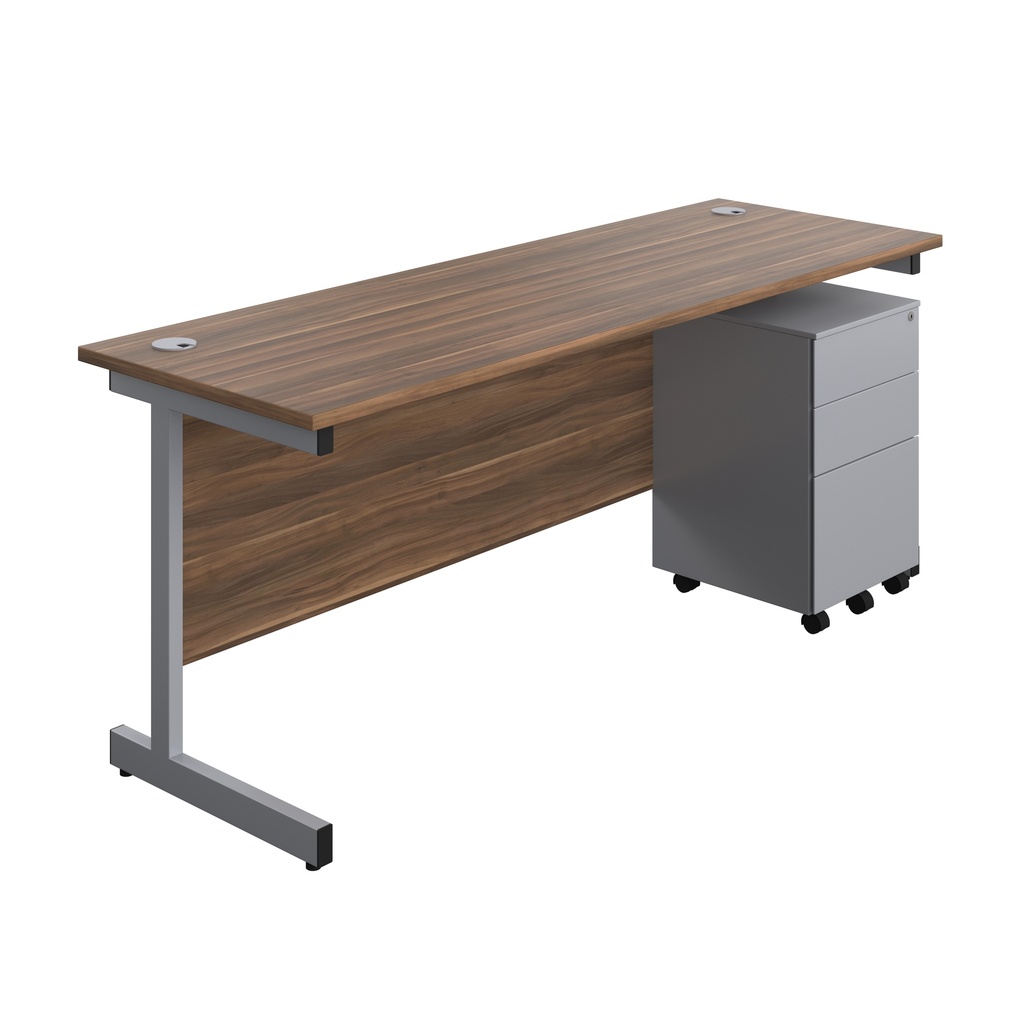 Single Upright Rectangular Desk + Under Desk Steel Pedestal 3 Drawers (FSC) | 1800 X 600 | Dark Walnut/Silver | 