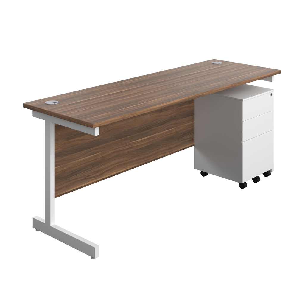 Single Upright Rectangular Desk + Under Desk Steel Pedestal 3 Drawers (FSC) | 1800 X 600 | Dark Walnut/White | 