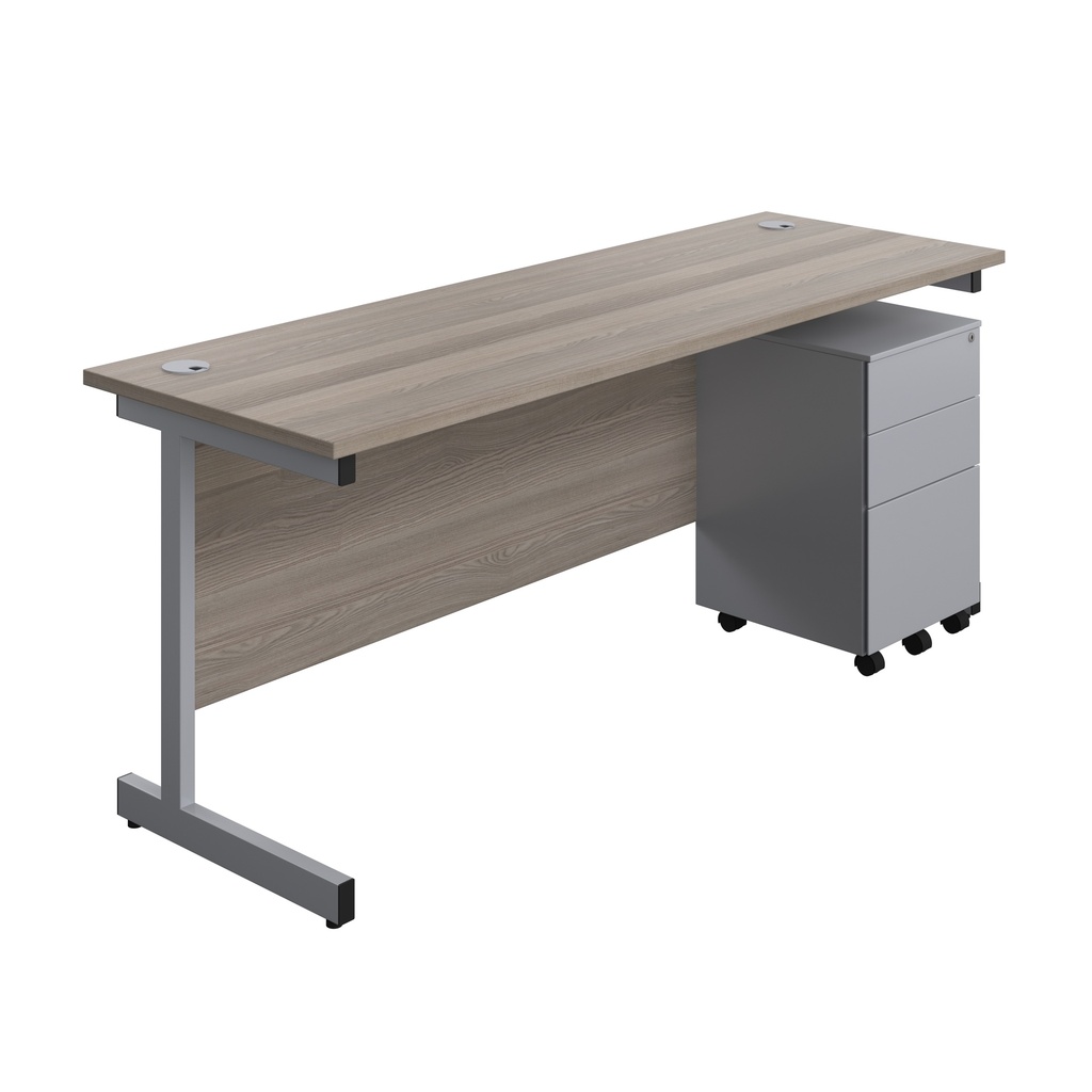 Single Upright Rectangular Desk + Under Desk Steel Pedestal 3 Drawers (FSC) | 1800 X 600 | Grey Oak/Silver | 