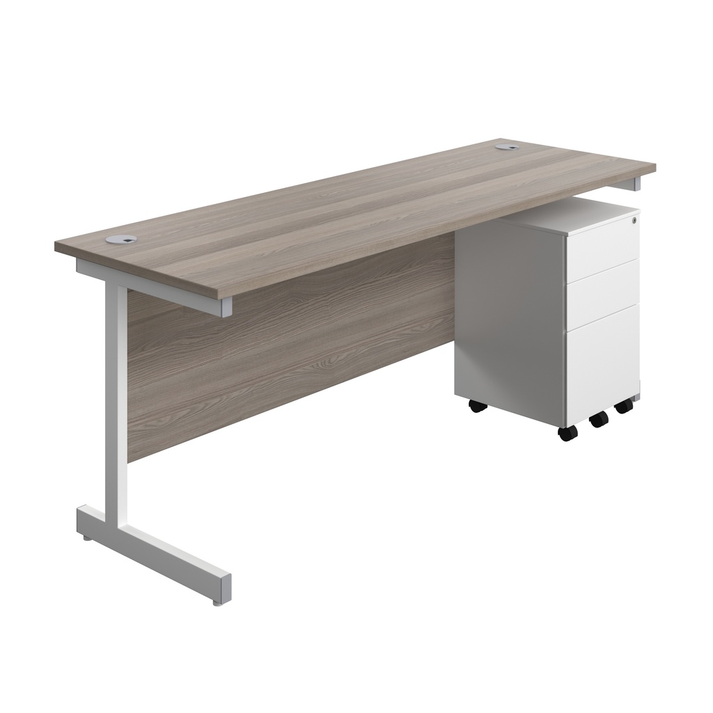 Single Upright Rectangular Desk + Under Desk Steel Pedestal 3 Drawers (FSC) | 1800 X 600 | Grey Oak/White | 