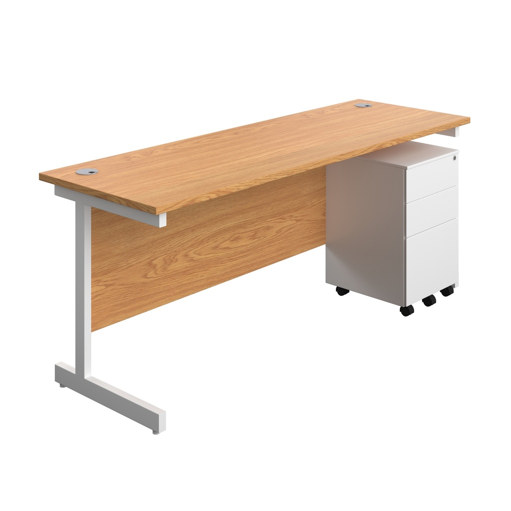 Single Upright Rectangular Desk + Under Desk Steel Pedestal 3 Drawers (FSC) | 1800 X 600 | Nova Oak/White | 
